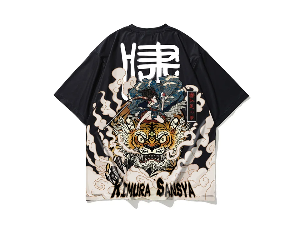 Flat lay of a black t-shirt showing the detailed tiger and samurai graphic on the back.