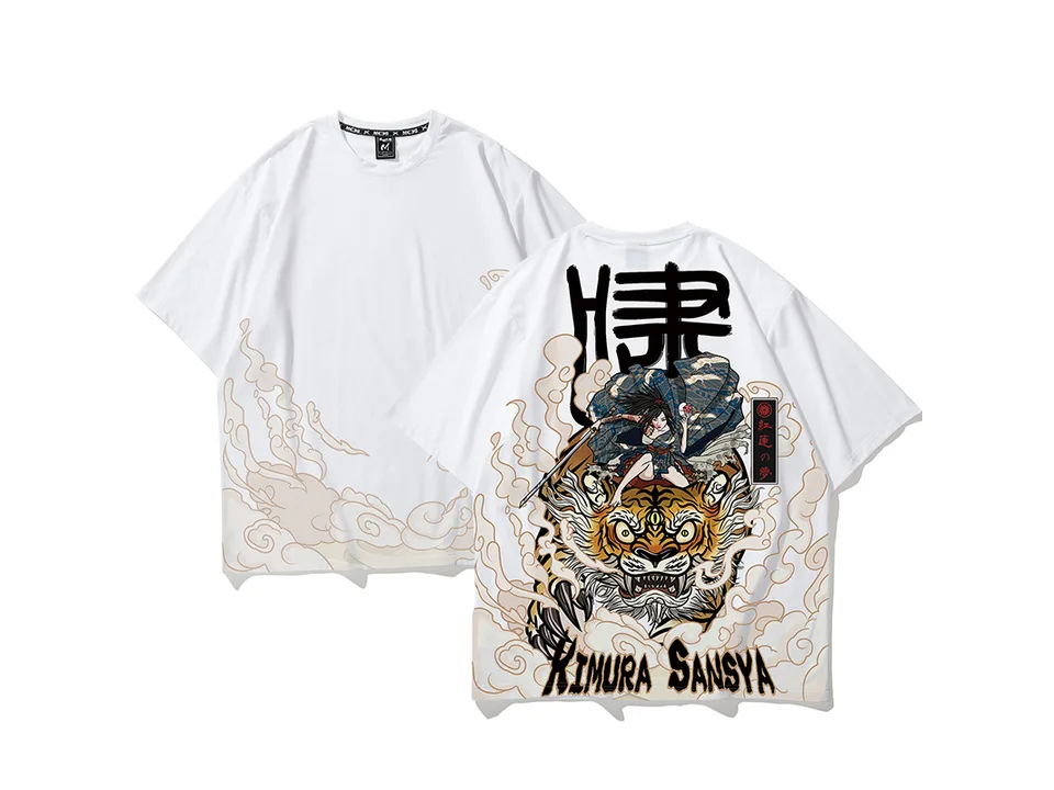 Flat lay showing both the front and back of a white t-shirt with graphic details.