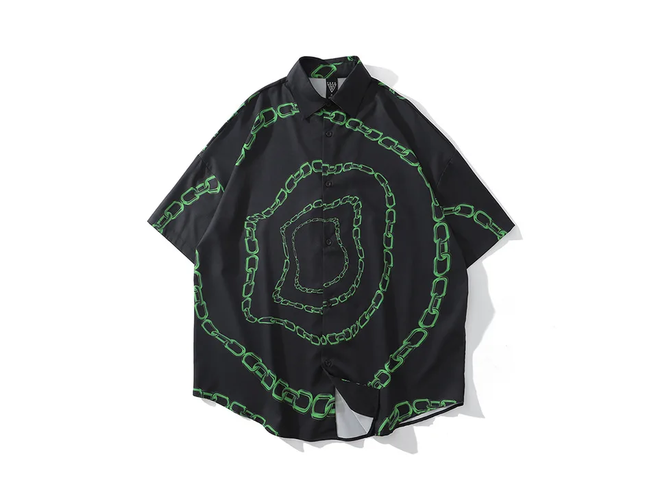 Black short-sleeve button-down shirt with a green chain link print pattern.