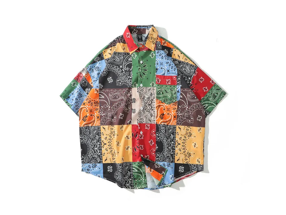Short-sleeve button-down shirt with a multi-colored patchwork paisley pattern.