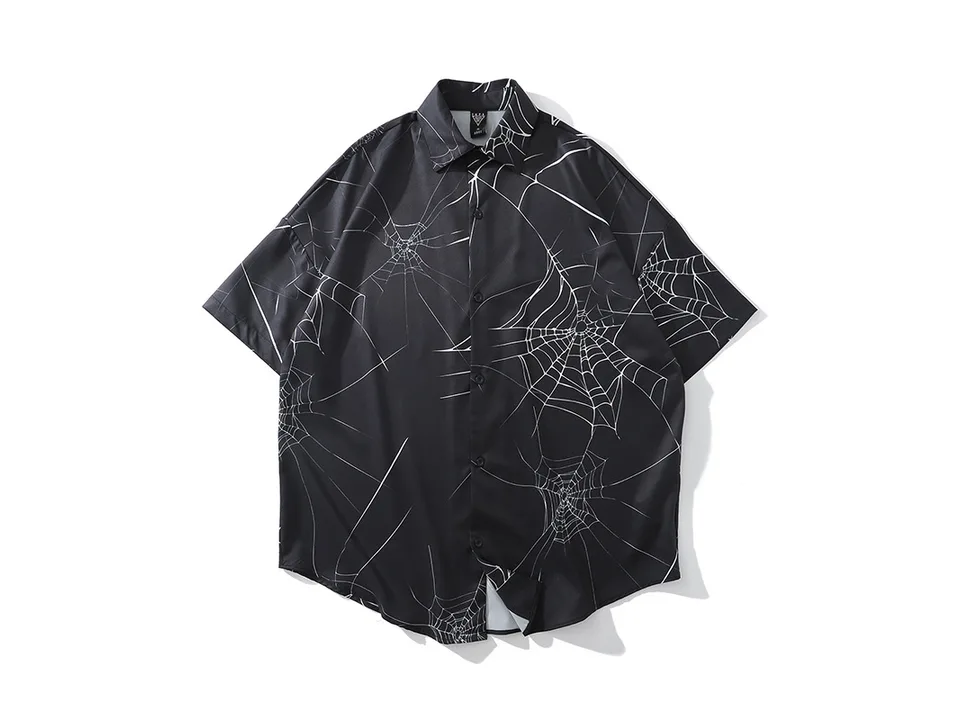 Black short-sleeve button-down shirt with a white spider web print pattern.
