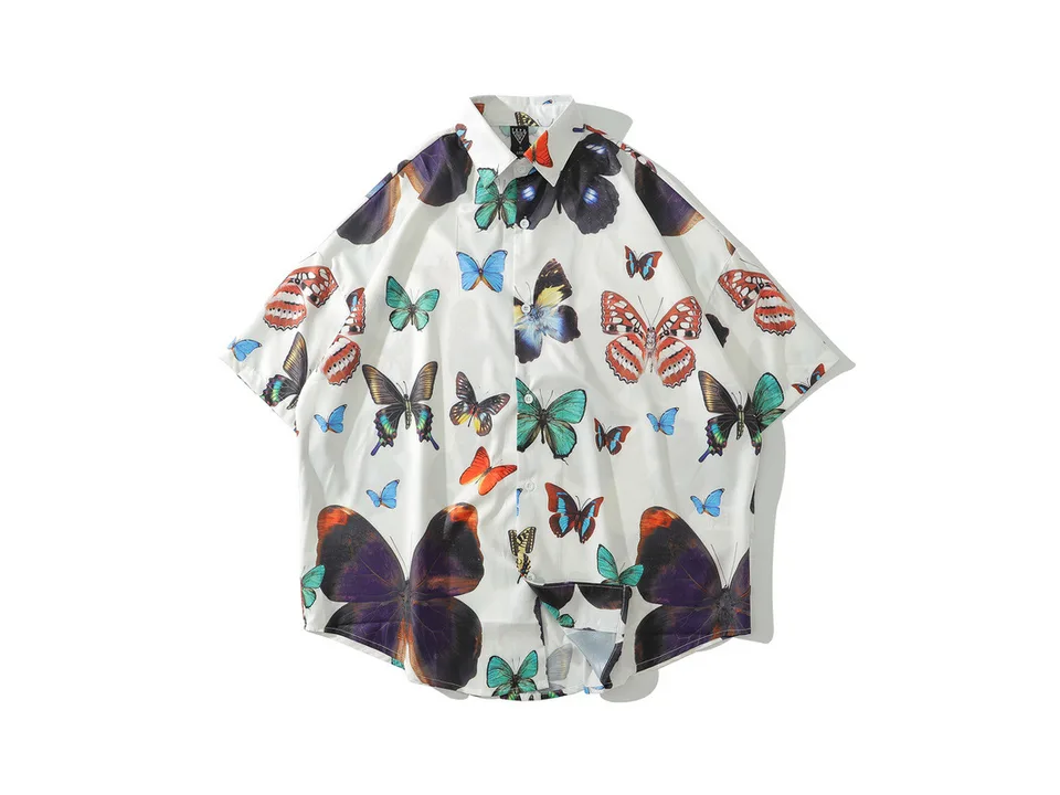 White short-sleeve button-down shirt with a colorful butterfly print pattern.