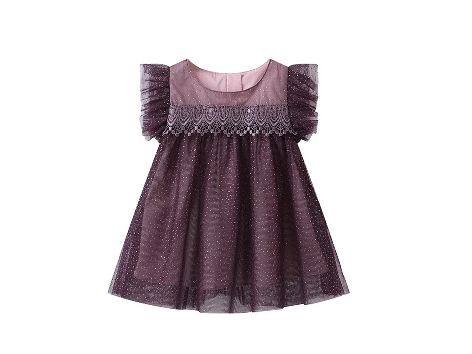 Purple sleeveless princess dress with lace detail and glittery net overlay