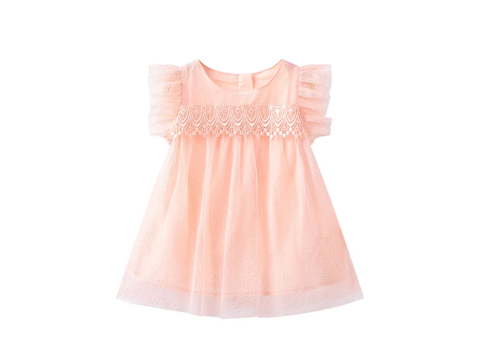 Pink sleeveless princess dress with lace detail and glittery net overlay