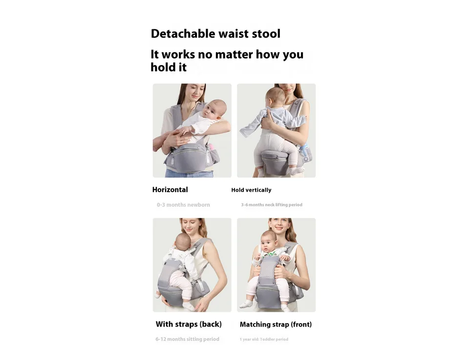 Four photos showing different ways to hold a baby with the waist stool carrier.