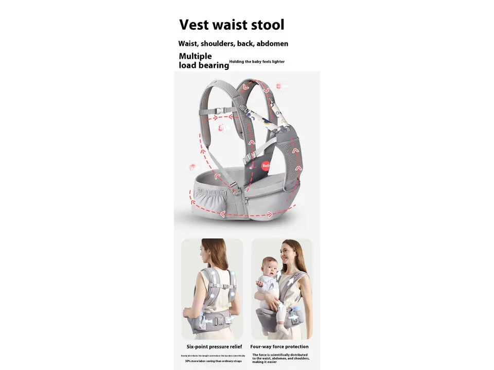 Diagram of the baby carrier showing weight distribution and a person wearing it.