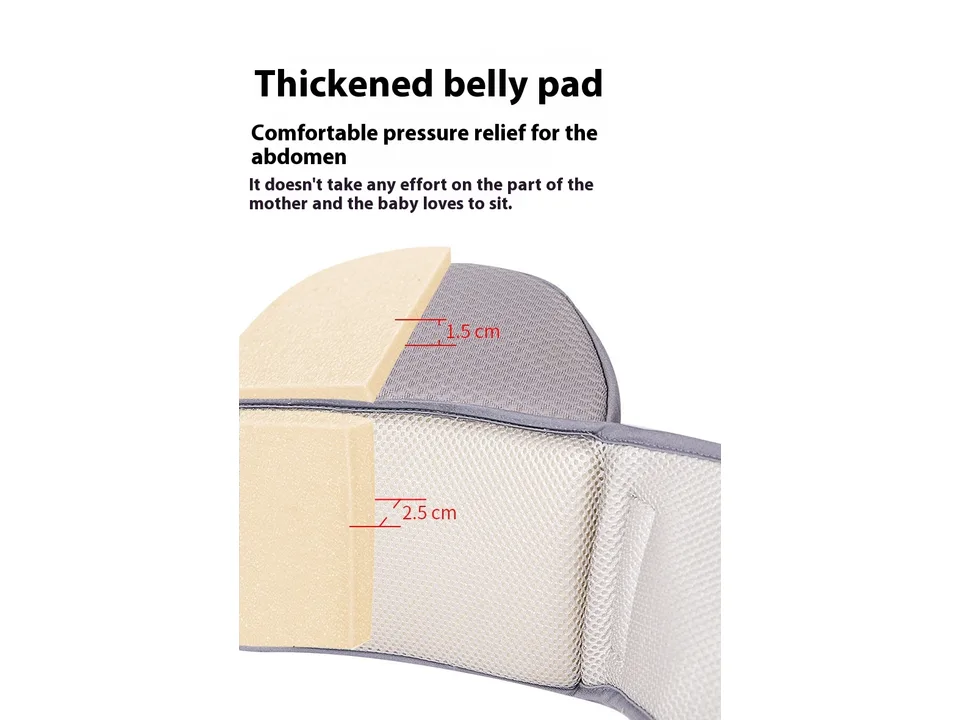 Close-up of the baby carrier's thickened belly pad showing foam layers.