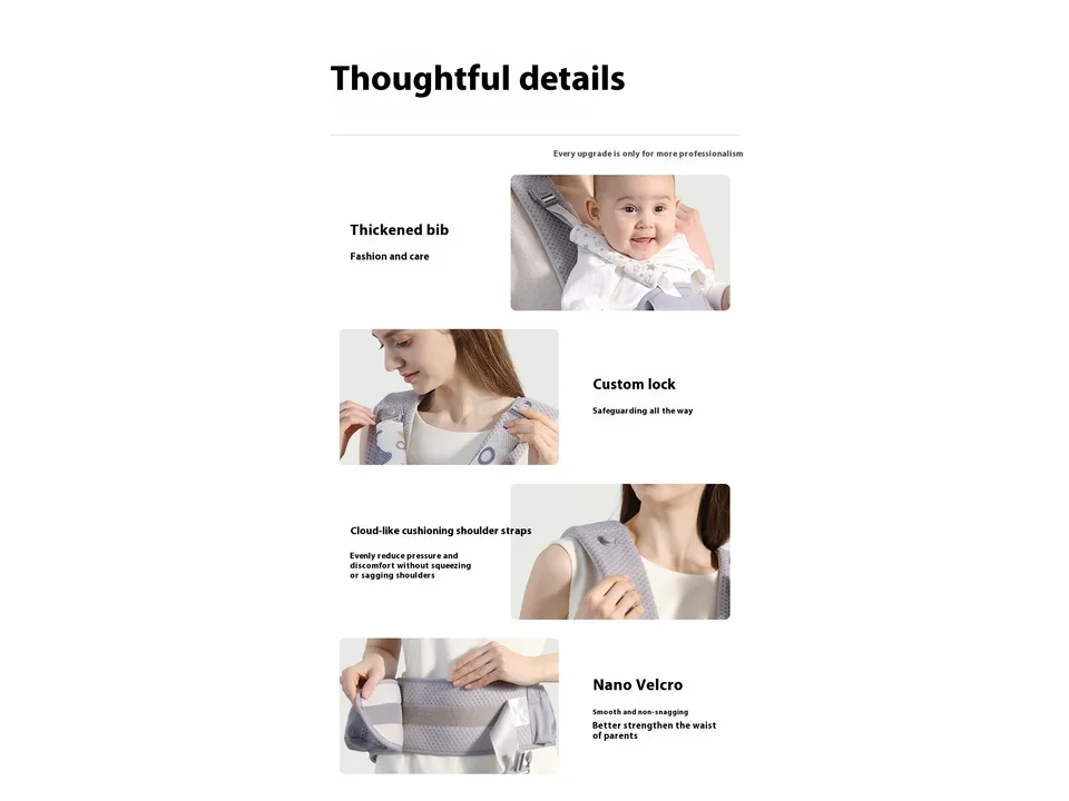Collage showing details of the baby carrier like the bib, locks, shoulder straps, and velcro.
