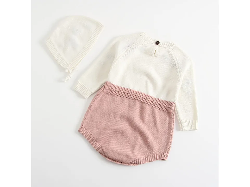Back view of the knit baby romper and bonnet.