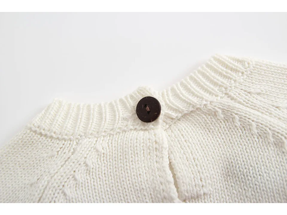 Close-up of the knit romper neckline and wooden button.