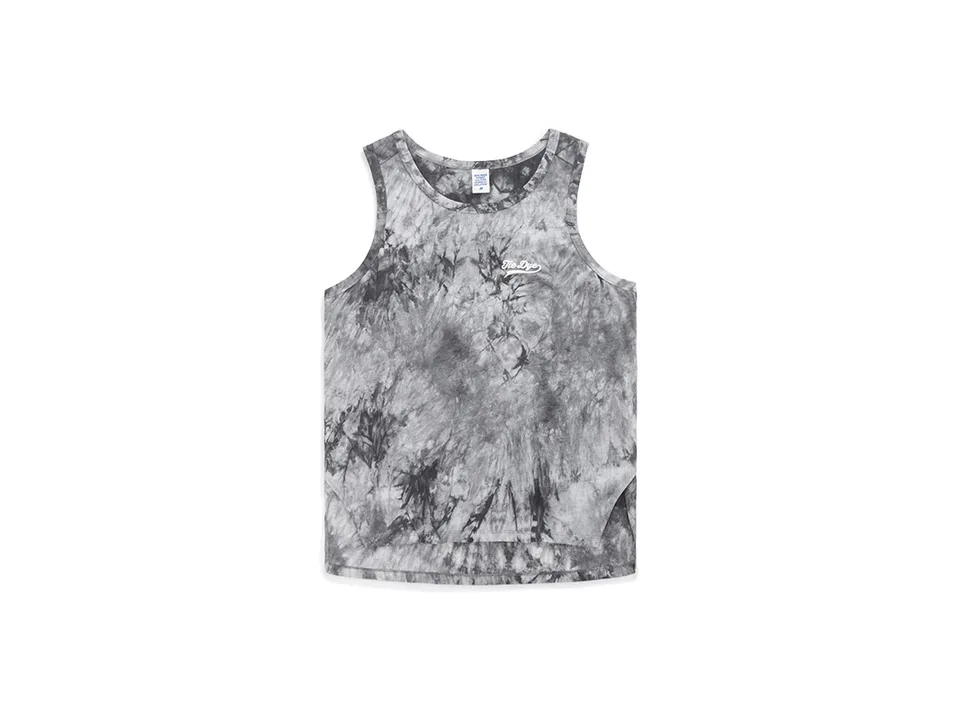 Grey and black tie-dye men's tank top on a white background.