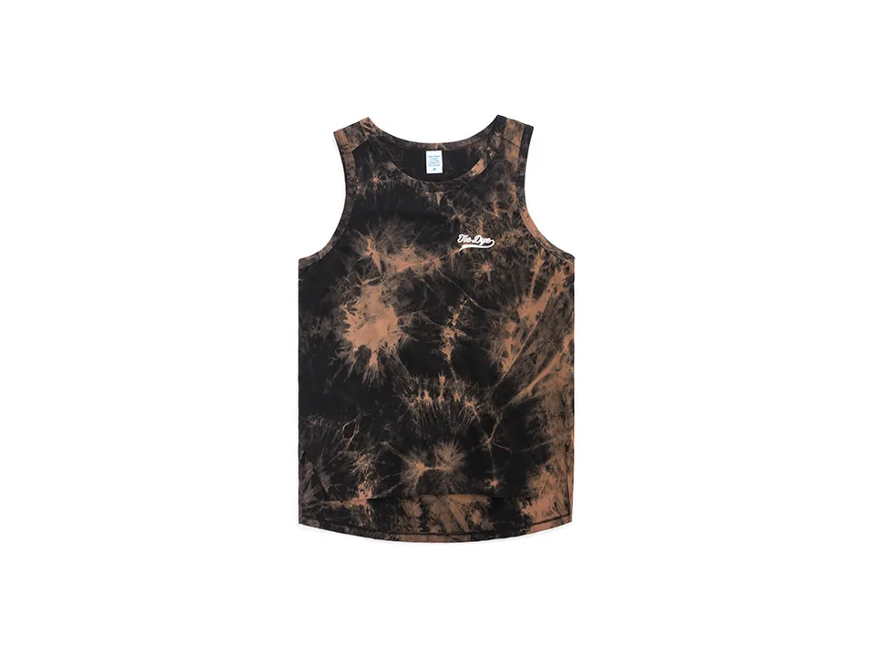 Brown and black tie-dye men's tank top on a white background.