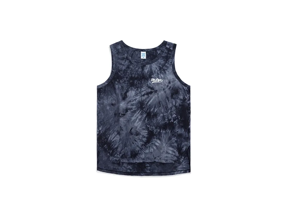 Blue and black tie-dye men's tank top on a white background.