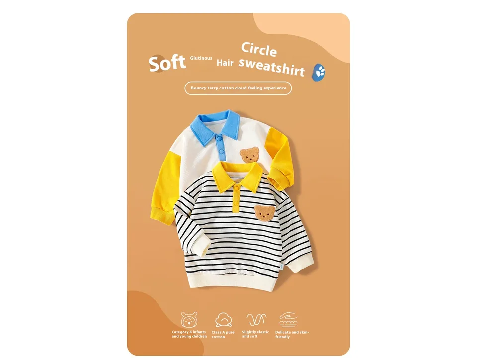 Two baby sweatshirts with bear patches, one striped and one solid color.