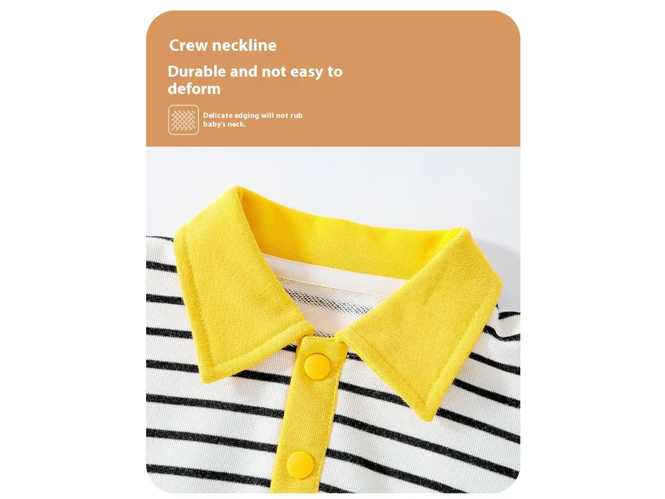 Close-up of the yellow collar and button placket on the striped baby shirt.