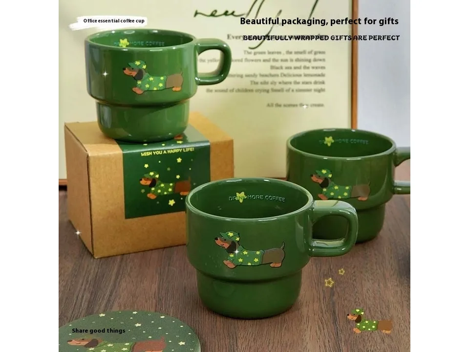 Two green dachshund ceramic mugs and a matching coaster arranged on a table.