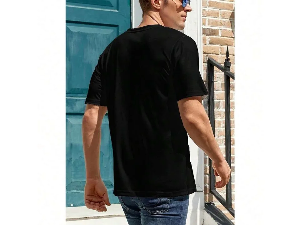 A man wearing the black graphic t-shirt from the back