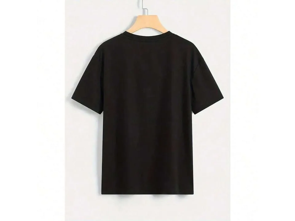 Back view of the plain black t-shirt on a hanger