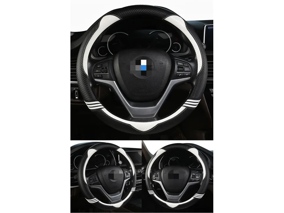 White and black carbon fiber style steering wheel cover installed on a car steering wheel.