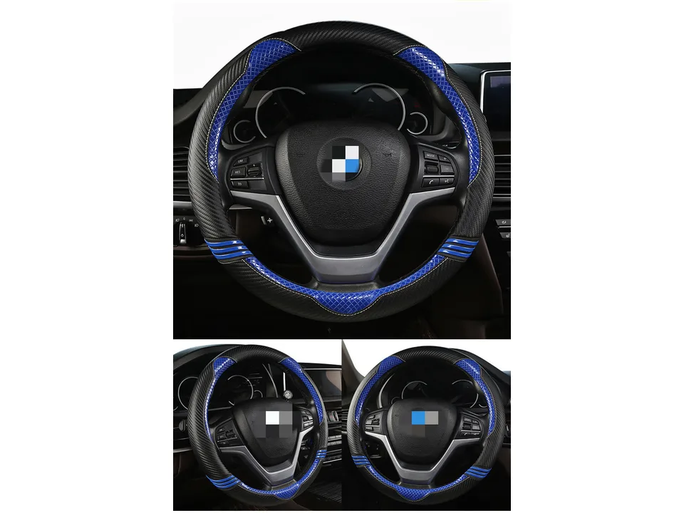Blue and black carbon fiber style steering wheel cover installed on a car steering wheel.