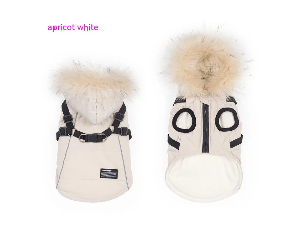 Apricot white fleece-lined dog coat with integrated harness and hood, front and back view.