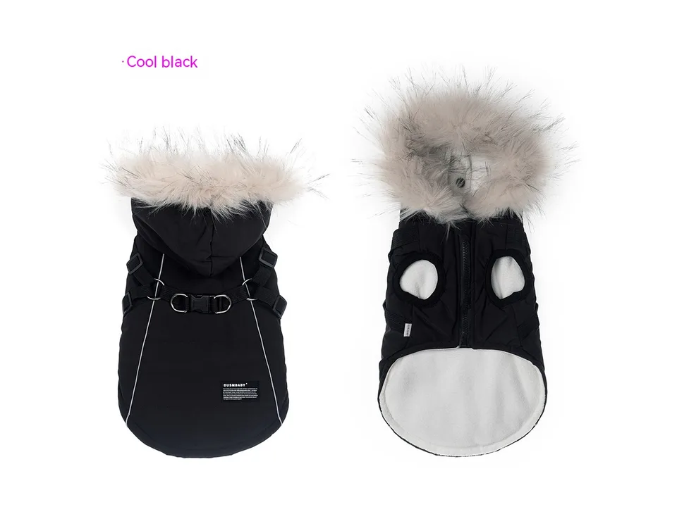 Cool black fleece-lined dog coat with integrated harness and hood, front and back view.