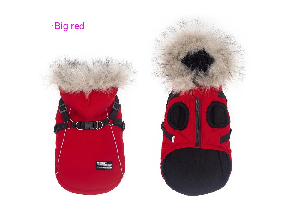 Big red fleece-lined dog coat with integrated harness and hood, front and back view.