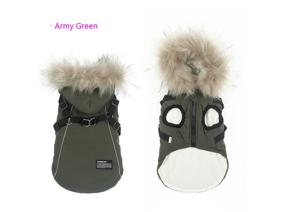Army green fleece-lined dog coat with integrated harness and hood, front and back view.