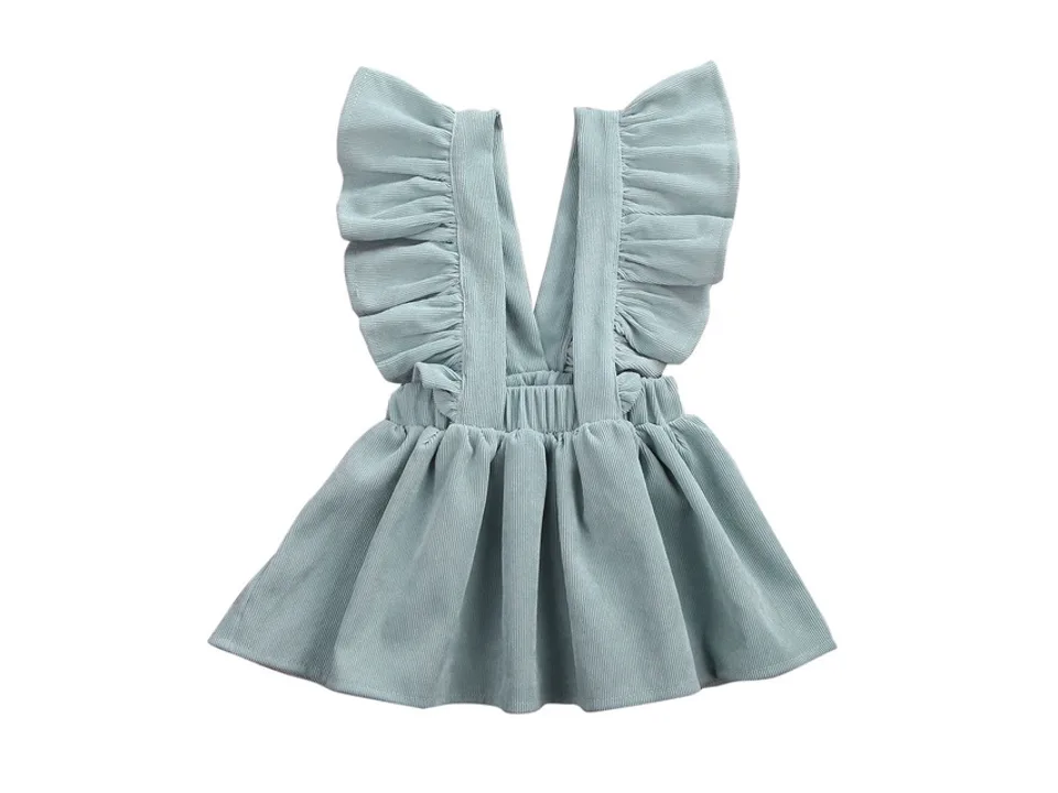 Light blue corduroy pinafore skirt with ruffle straps