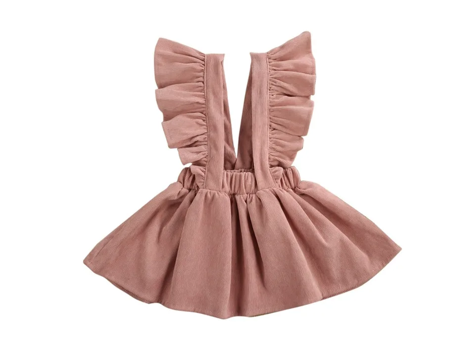Dusty pink corduroy pinafore skirt with ruffle straps