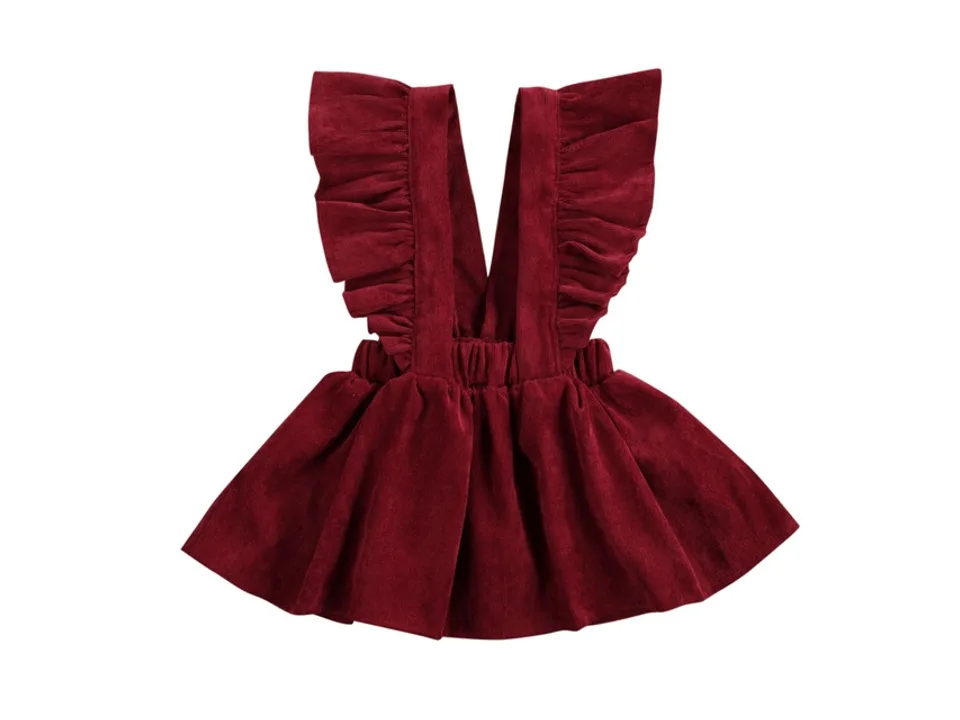 Dark red corduroy pinafore skirt with ruffle straps