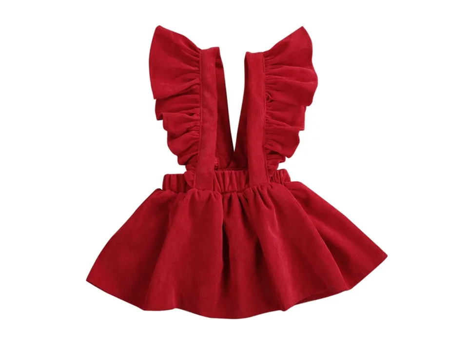 Bright red corduroy pinafore skirt with ruffle straps