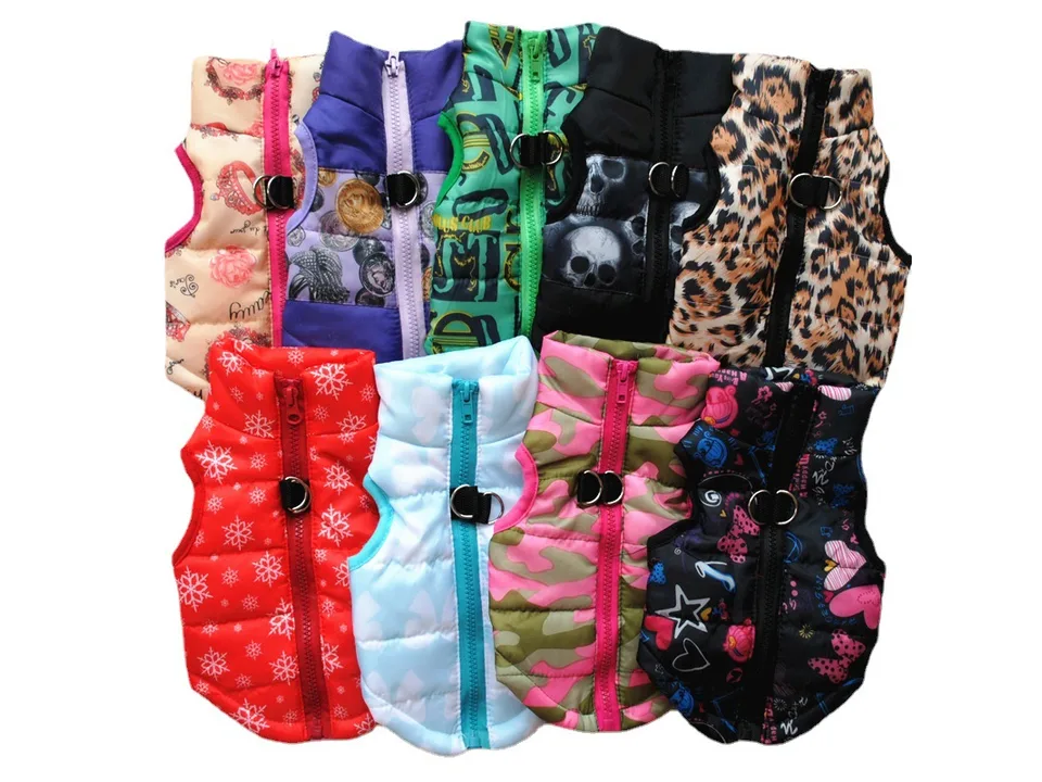 A collection of nine different patterned dog jackets with zippers and D-ring buckles.