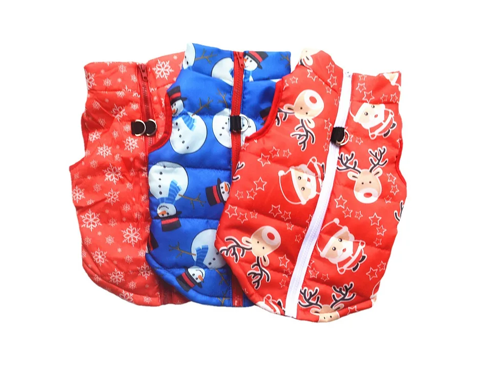 Three dog jackets with Christmas-themed patterns including snowflakes, snowmen, and reindeer.