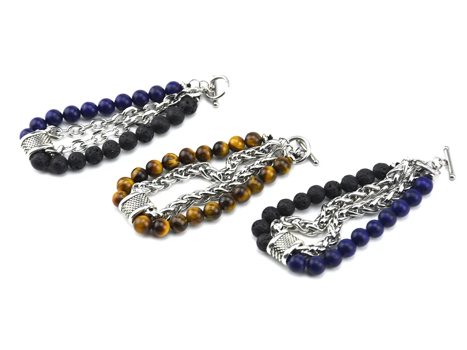 Three variations of a stainless steel and natural stone beaded bracelet displayed together.