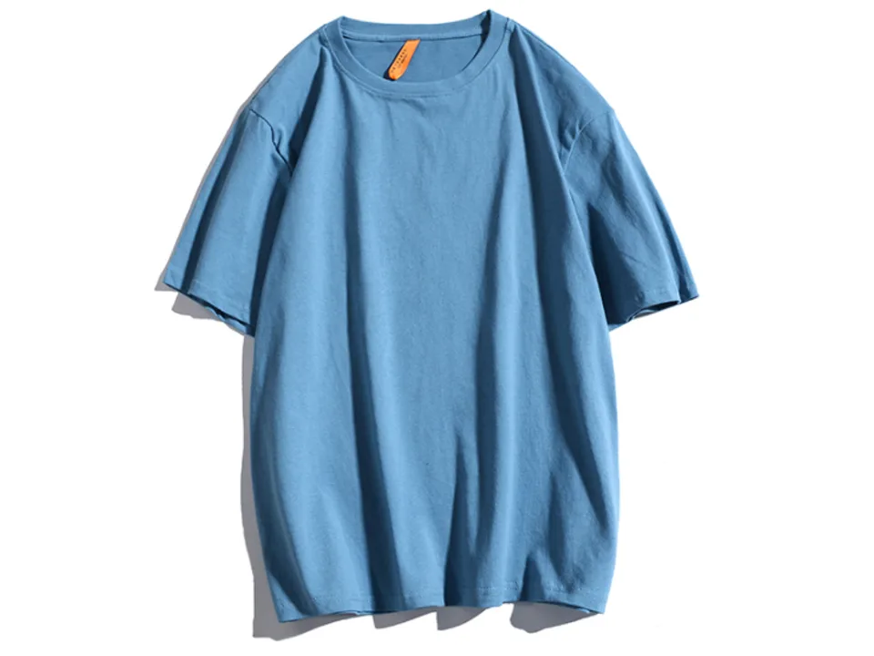 Front view of a plain blue t-shirt with a crew neck.