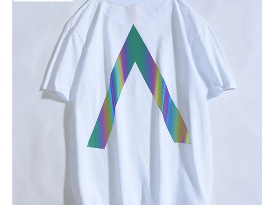 Back view of a white t-shirt with a large reflective 'A' graphic.