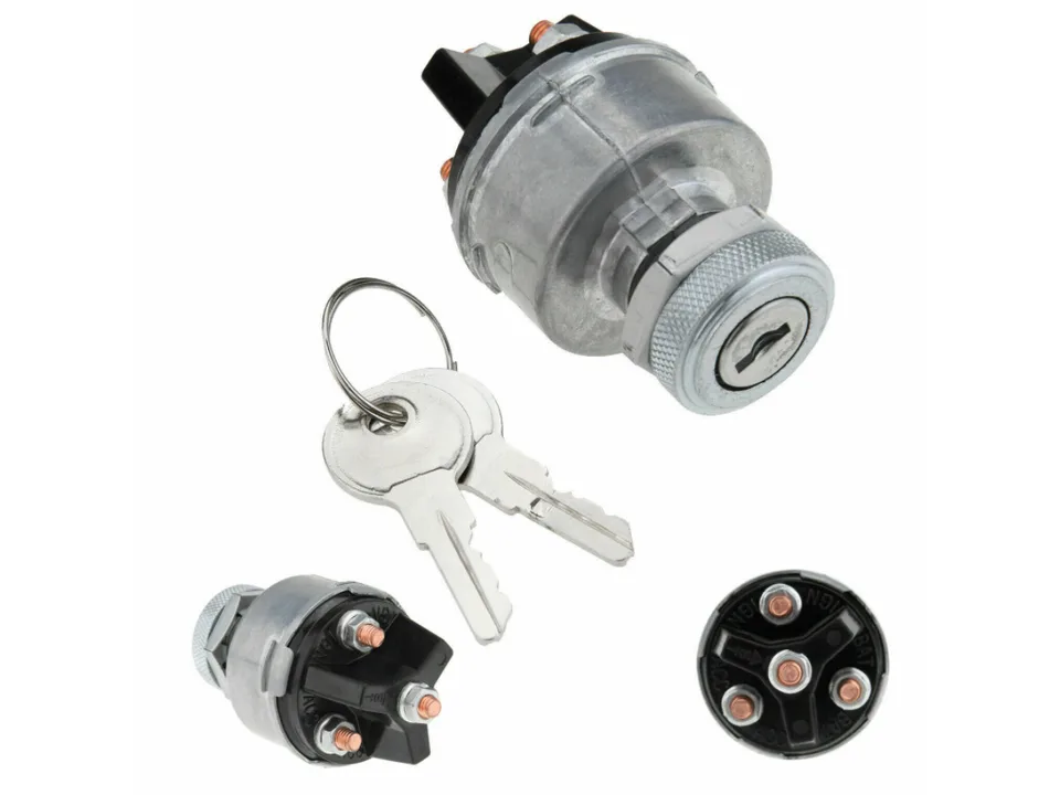 Universal ignition switch with two keys, showing front, side, and rear terminal views.