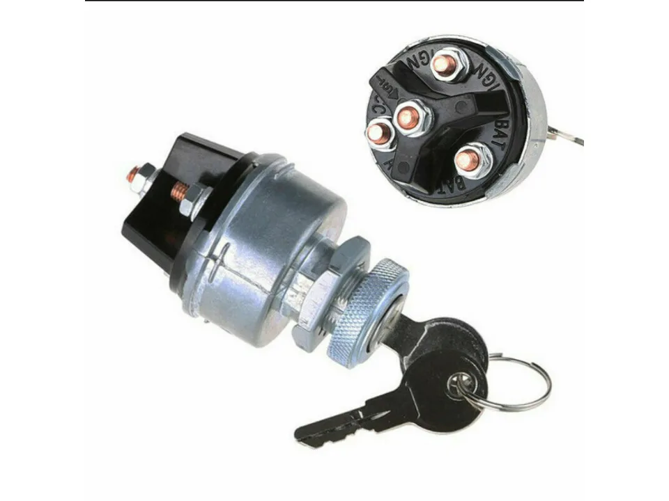 Ignition switch with key inserted and rear terminal view.