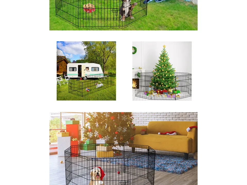A metal pet playpen set up outside a camper van with a small dog inside.