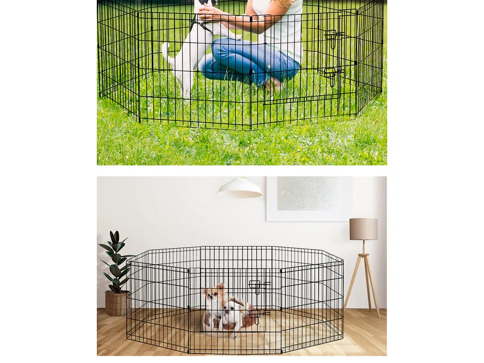 Two small dogs resting inside a metal playpen on a wooden floor.