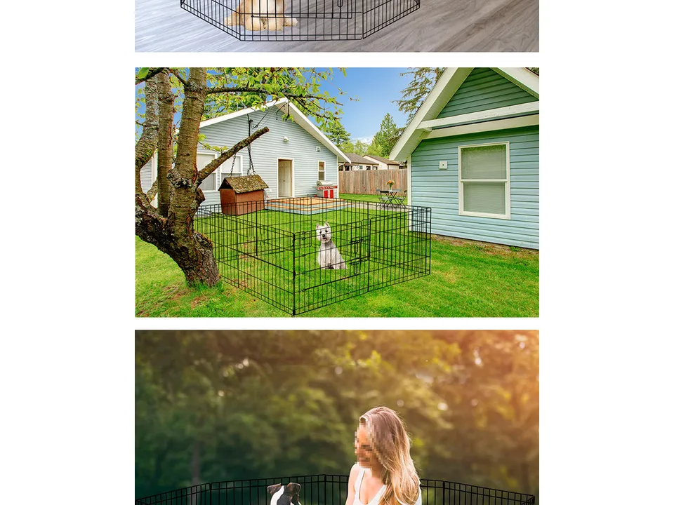 A small dog sitting inside a metal playpen in a grassy backyard.