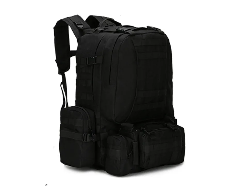 Black tactical hiking backpack with multiple compartments and straps.