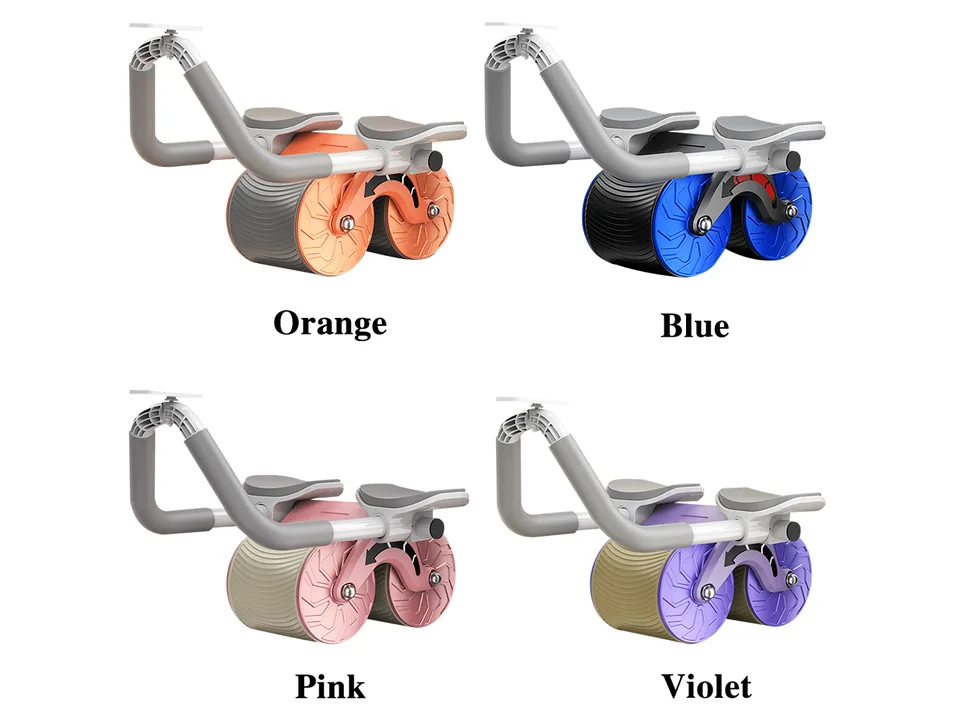 Four abdominal exercise wheels in orange, blue, pink, and violet colors.