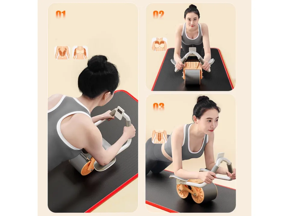 A woman demonstrating three different abdominal exercises using the exercise wheel.