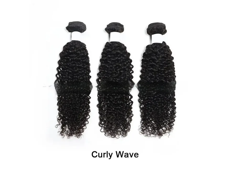 Three bundles of curly wave human hair extensions.