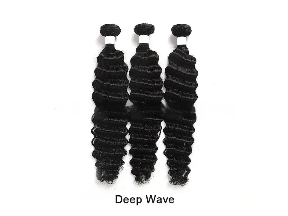 Three bundles of deep wave human hair extensions.