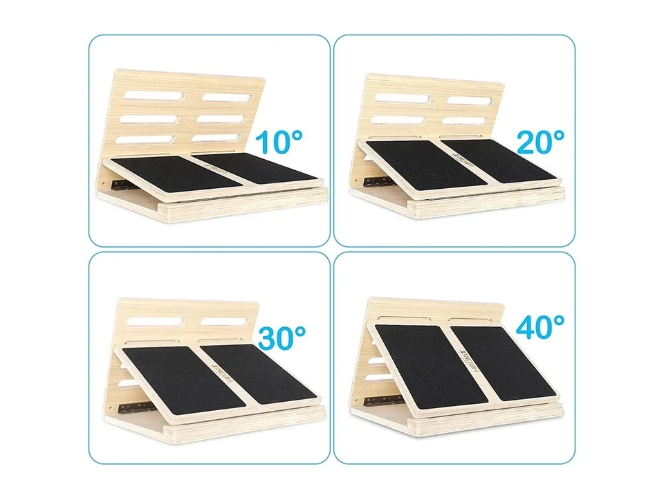 Wooden slant board shown at four different incline angles: 10, 20, 30, and 40 degrees.