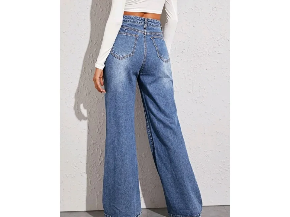 Back view of high-waisted wide-leg blue denim jeans on a model.