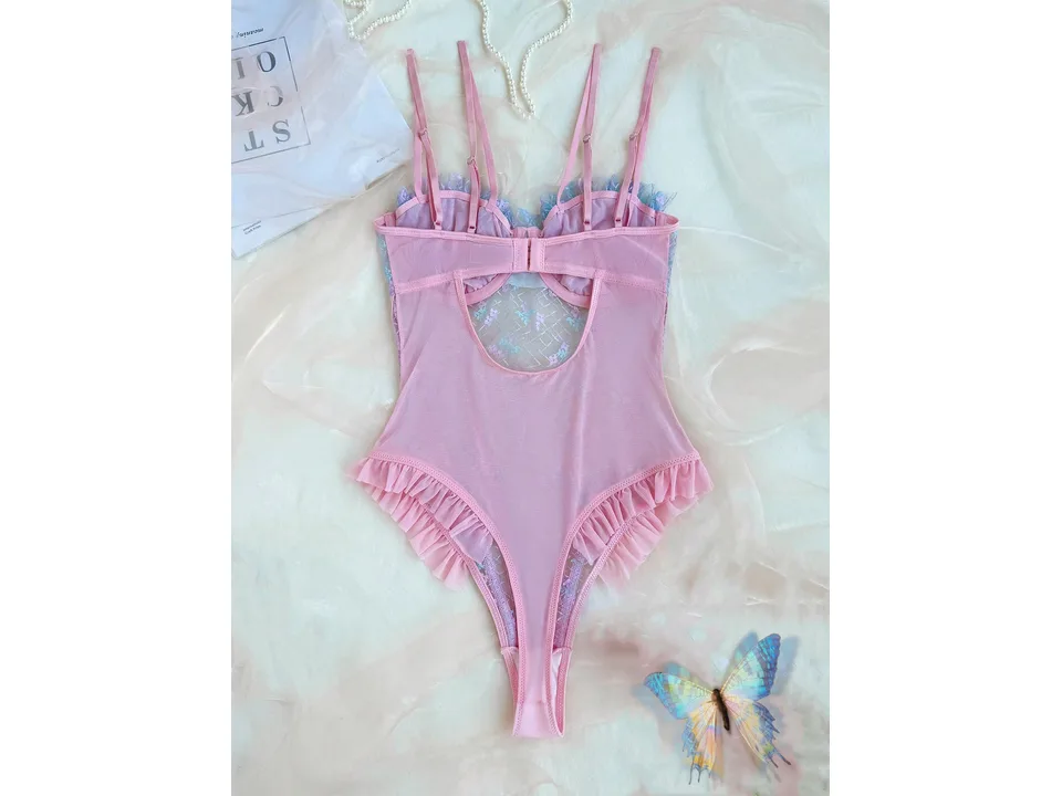Back view of a pink floral lace bodysuit with ruffled trim.